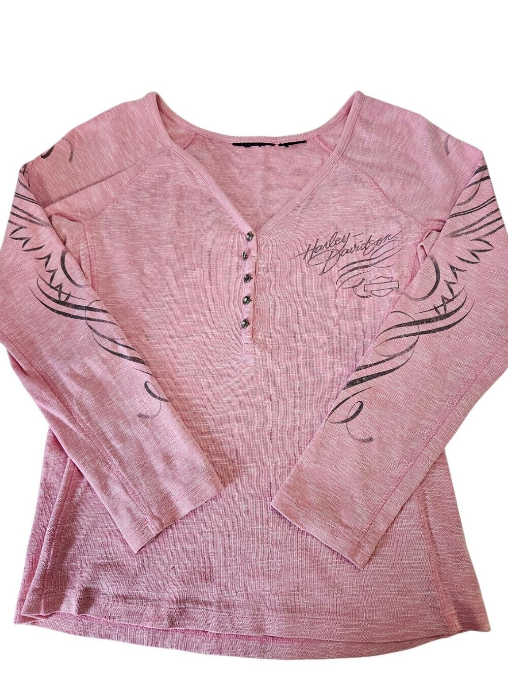 Harley-Davidson Pink Henley Tattoo Logo Women;s Top Shirt S/M Biker